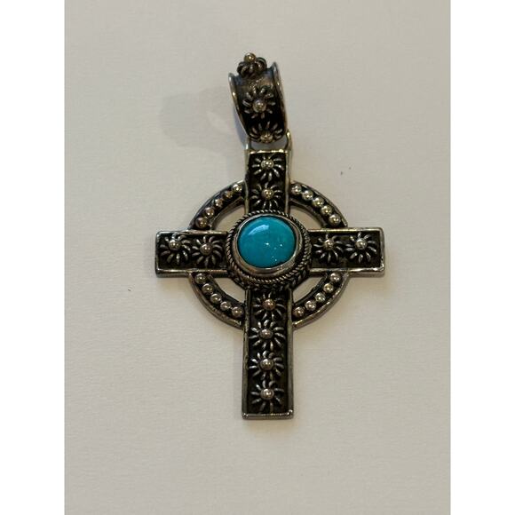 Sterling Silver Cross Pendant Turquoise Colored Stone - Picture 1 of 3